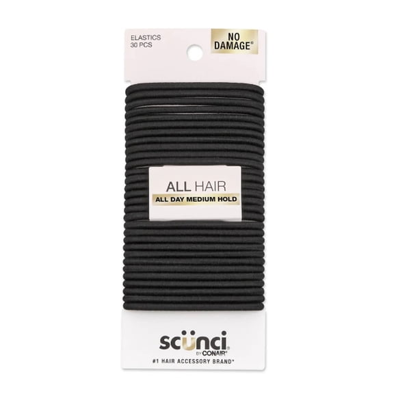 Scunci No Damage Elastic Stretch Nylon Ponytail Hair Ties, Black, 30 Count
