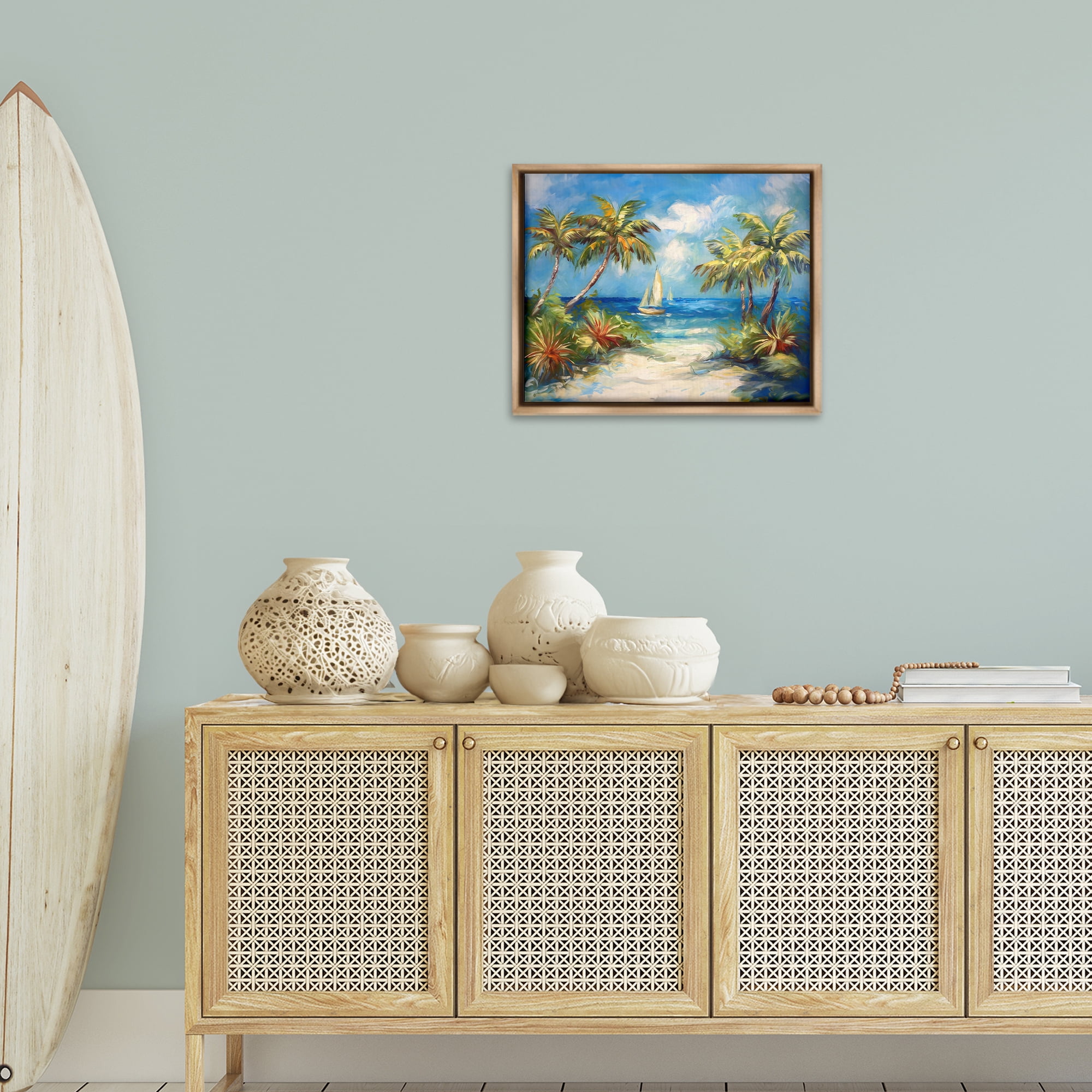 Stupell Industries Tropical Paradise Harbor Coastal Painting Brown Floater Framed Canvas Art Print Wall Art, 21 x 17