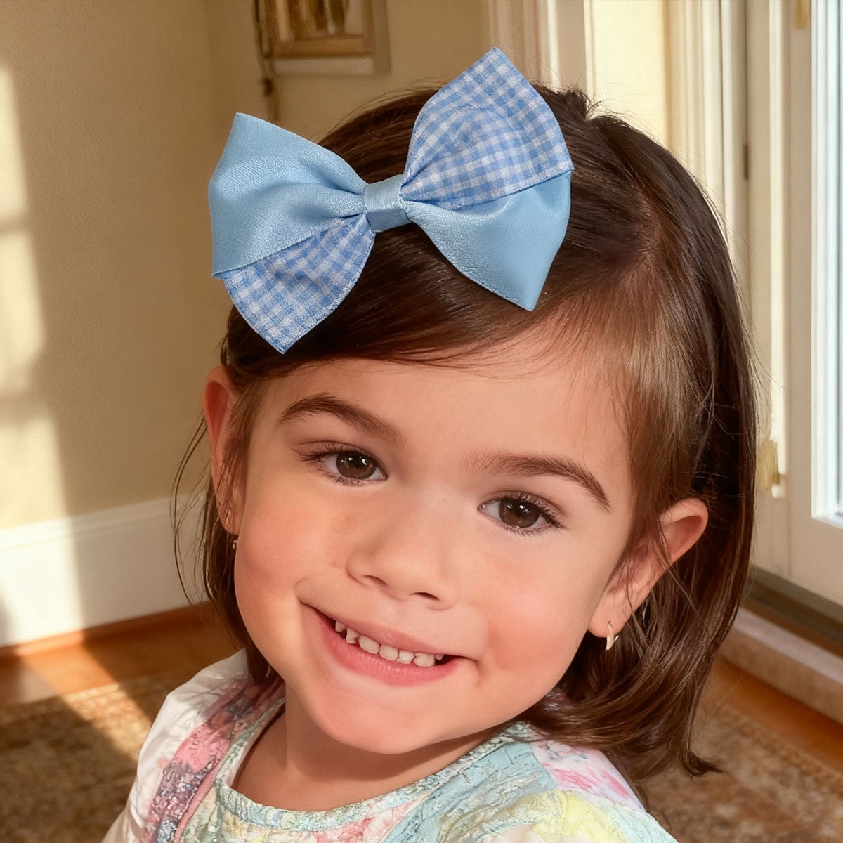8 Pcs 3.5inch Satin Gingham Hair Bows for Girls 4-12 Years, Reversible Ribbon Clips for Picnics & Daily Hairstyles