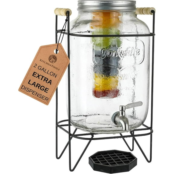Large 2-Gallon Glass Beverage Dispenser with Ice and Fruit Infusers – Mason Jar Drink Dispenser with Metal Stand, Drip Tray, and Stainless Steel Spigot for Iced Tea, Lemonade, and Infused Water