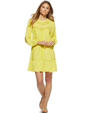 Scoop Blouson Sleeve Crochet Trimmed Peasant Dress Women's