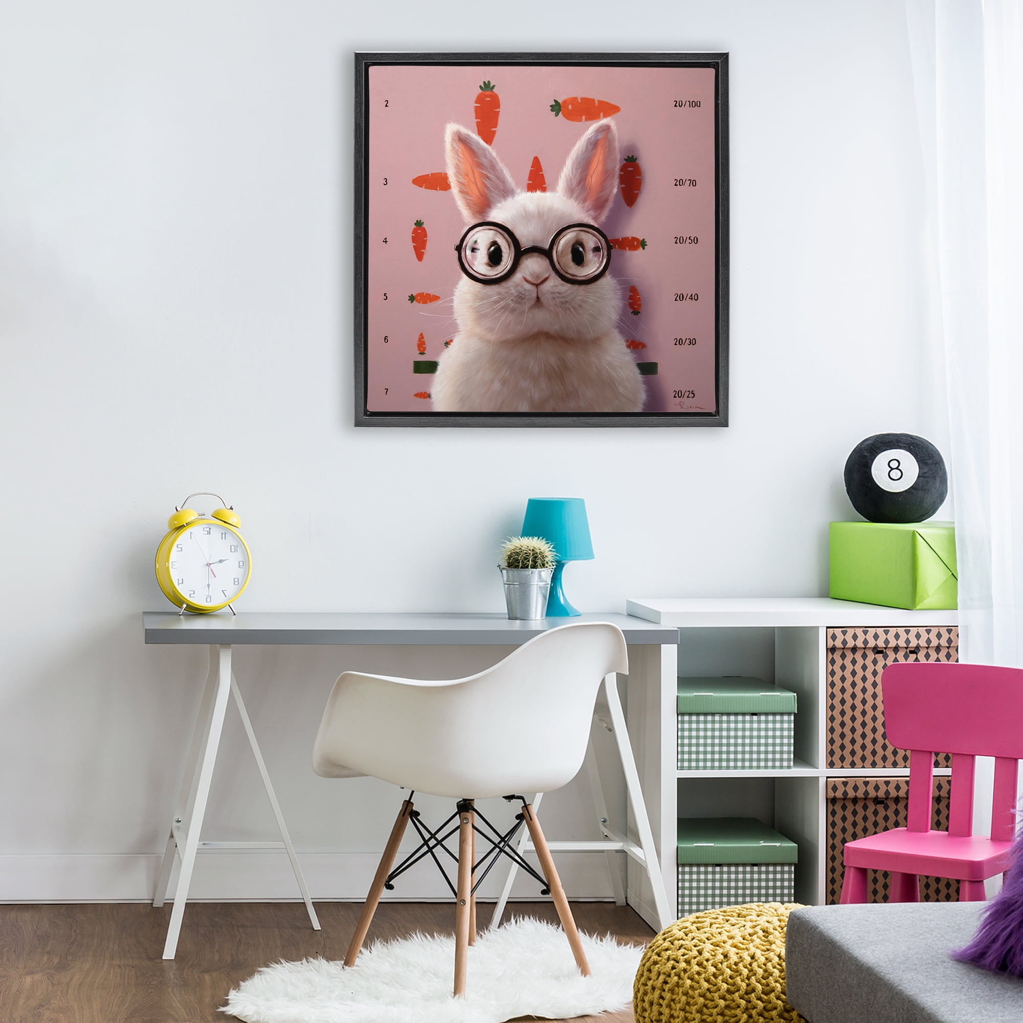 Bunny & Carrots Eye Exam Black Framed Floater Canvas Wall Art, design by Lucia Heffernan