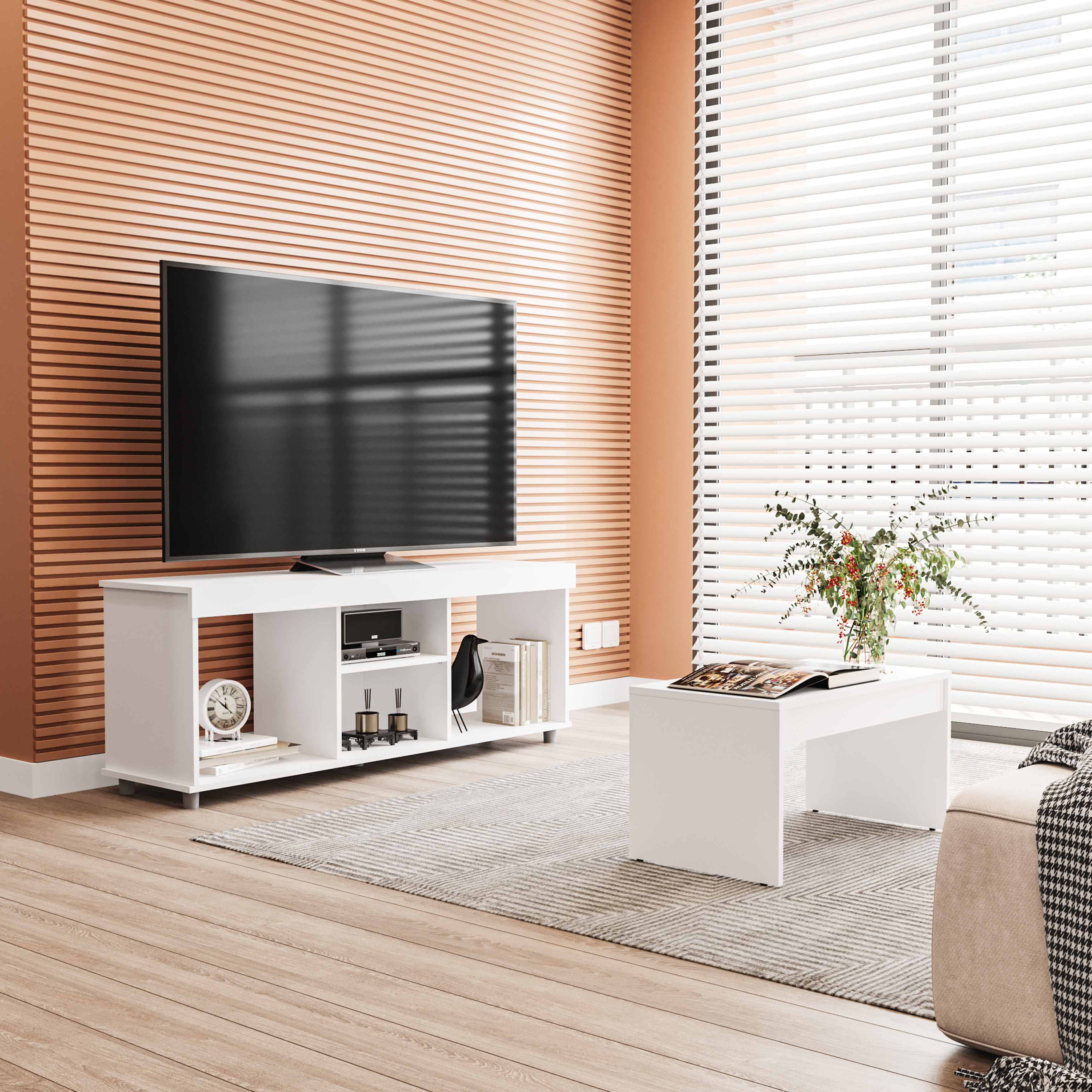 Polifurniture 2 Piece Modern Wood Living Room Set with TV Stand and Coffee Table, White