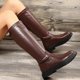 thumbnail image 3 of Botas hasta la rodilla de cuero con punta redonda para mujer, botas hasta la rodilla con plataforma gruesa, Botas Largas sólidas Retro, otoño e invierno, 2024, 3 of 4