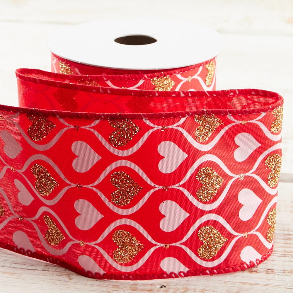 18yds Glittered Gold/Red/Pink Heart Wire-Edged Ribbon - for Valentine's Day - Factory Direct Craft