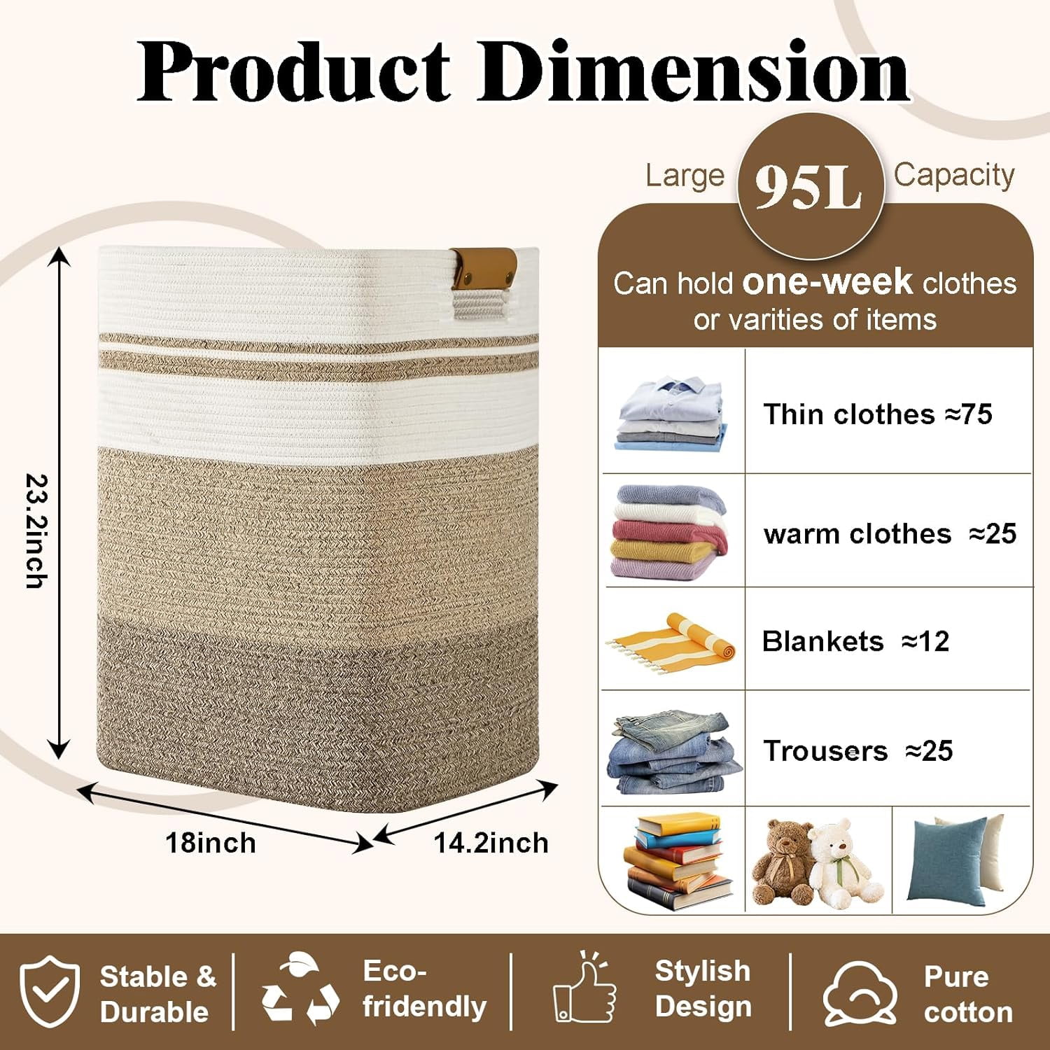 Natubeau 95L Tall Woven Rope Laundry Basket, Sturdy Decorative Storage Bin