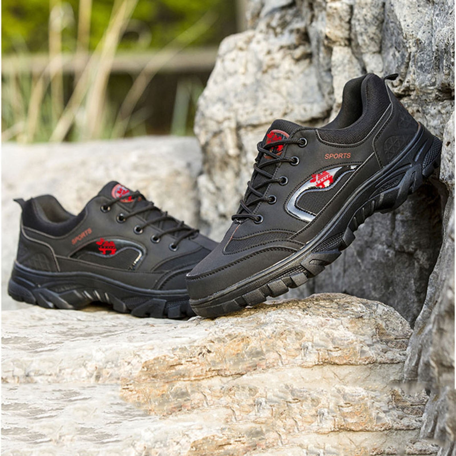 Black Men'S Hiking Shoes Round Toe Anti Slip Wear Resistant Comfortable Lightweight Outdoor Walking Footwear For All Seasons And Activities Size 41