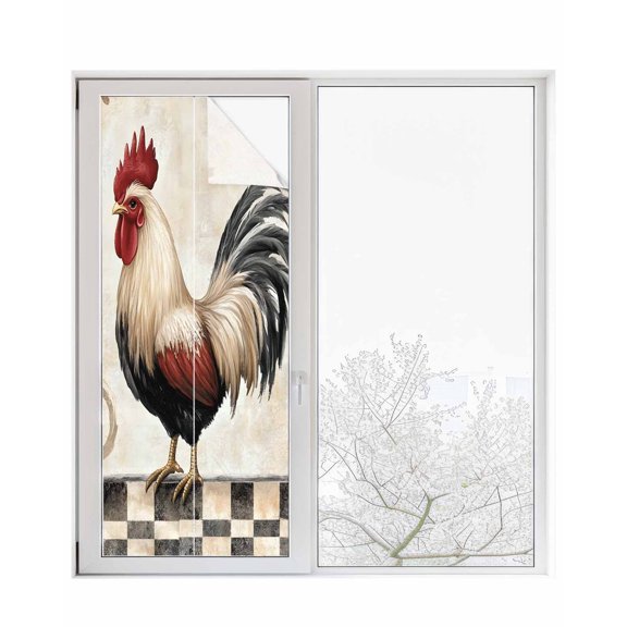 Window Privacy Film White Retro Rooster Stained Glass Window Film Decorative Sun Block Window Cover Watercolor Pastoral Animals Plaid Window Clings Static Adhesive Sticker for Bathroom 23.6"x59"