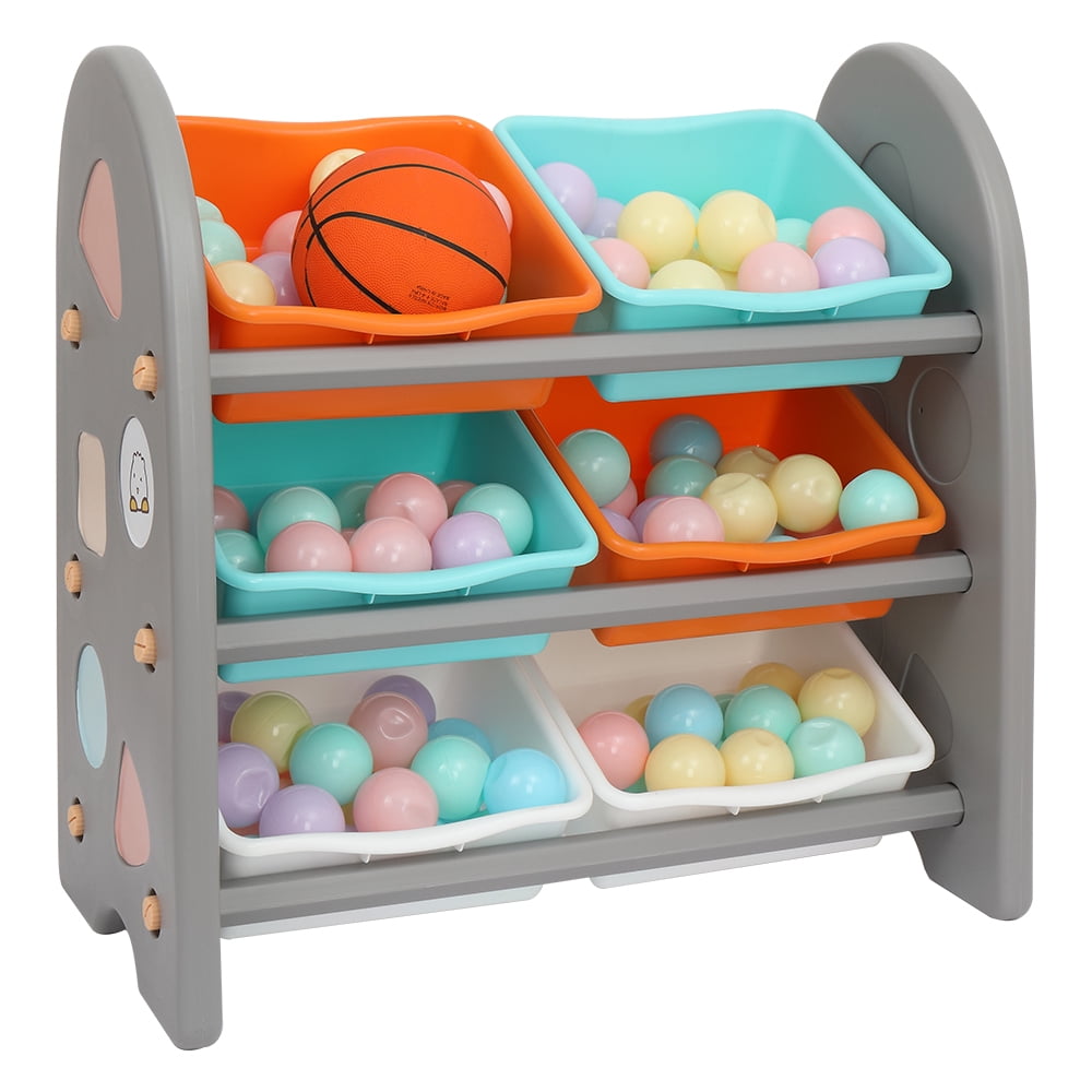 Private Jungle Wooden Kids' Toy Storage Organizer with 6 Plastic Bins，Gray Color