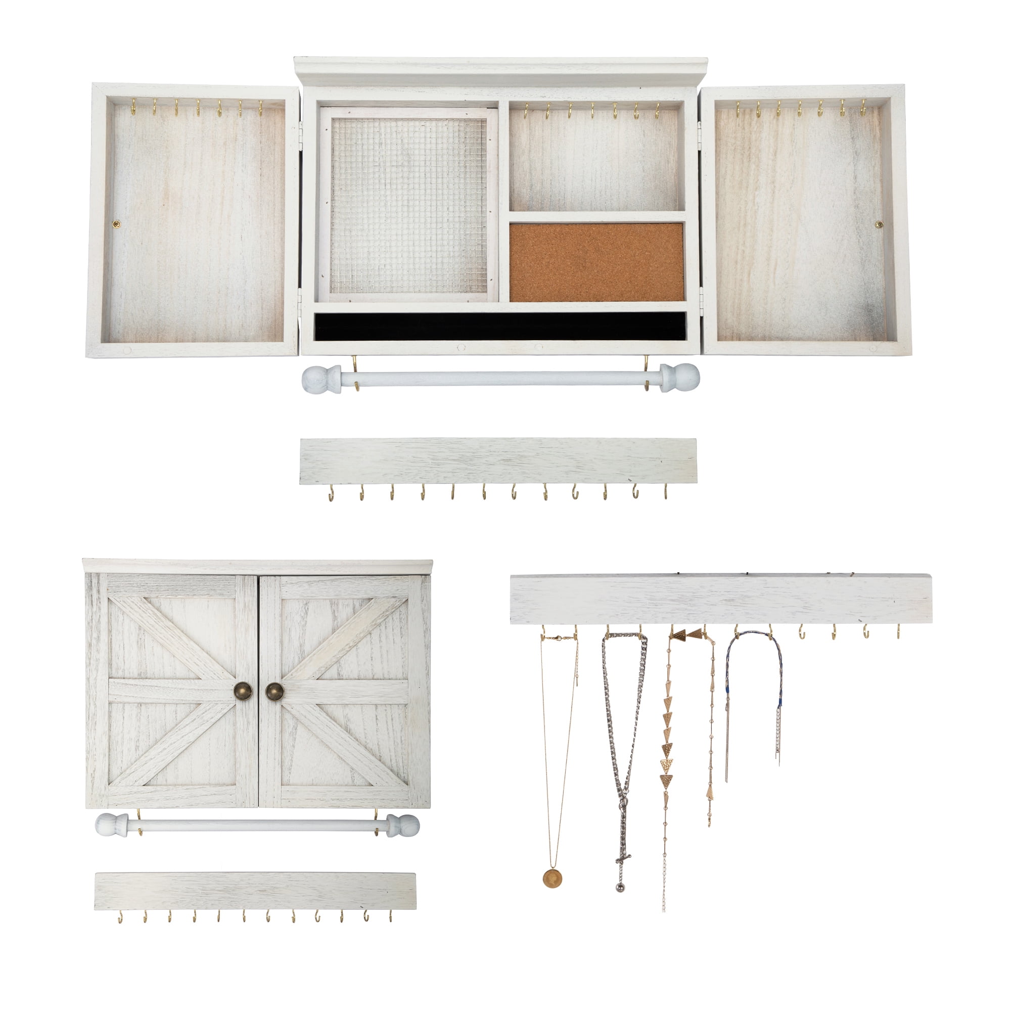 Sandinrayli Wall Mount Jewelry Organizer with Wooden Barn Doors, Rustic Jewelry Holder with Removable Hanging Rod for Earrings Bracelets Necklaces Ring Holder Includes Hook Organizer