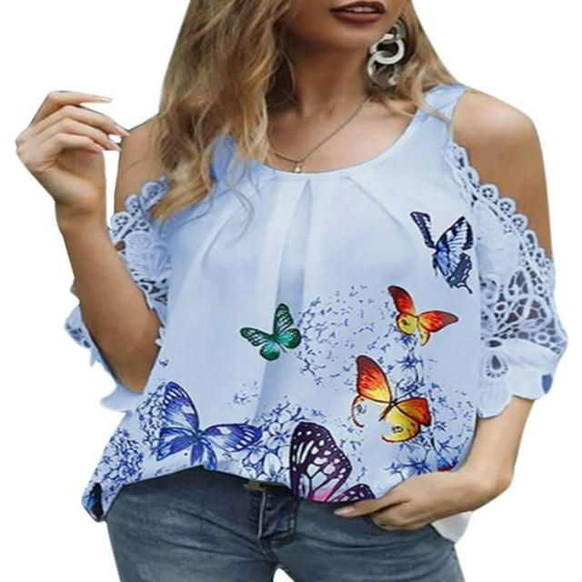 Plus Size Womens Floral Printed Short Sleeve Shirt Summer Cold Shoulder Tops Casual Blouse