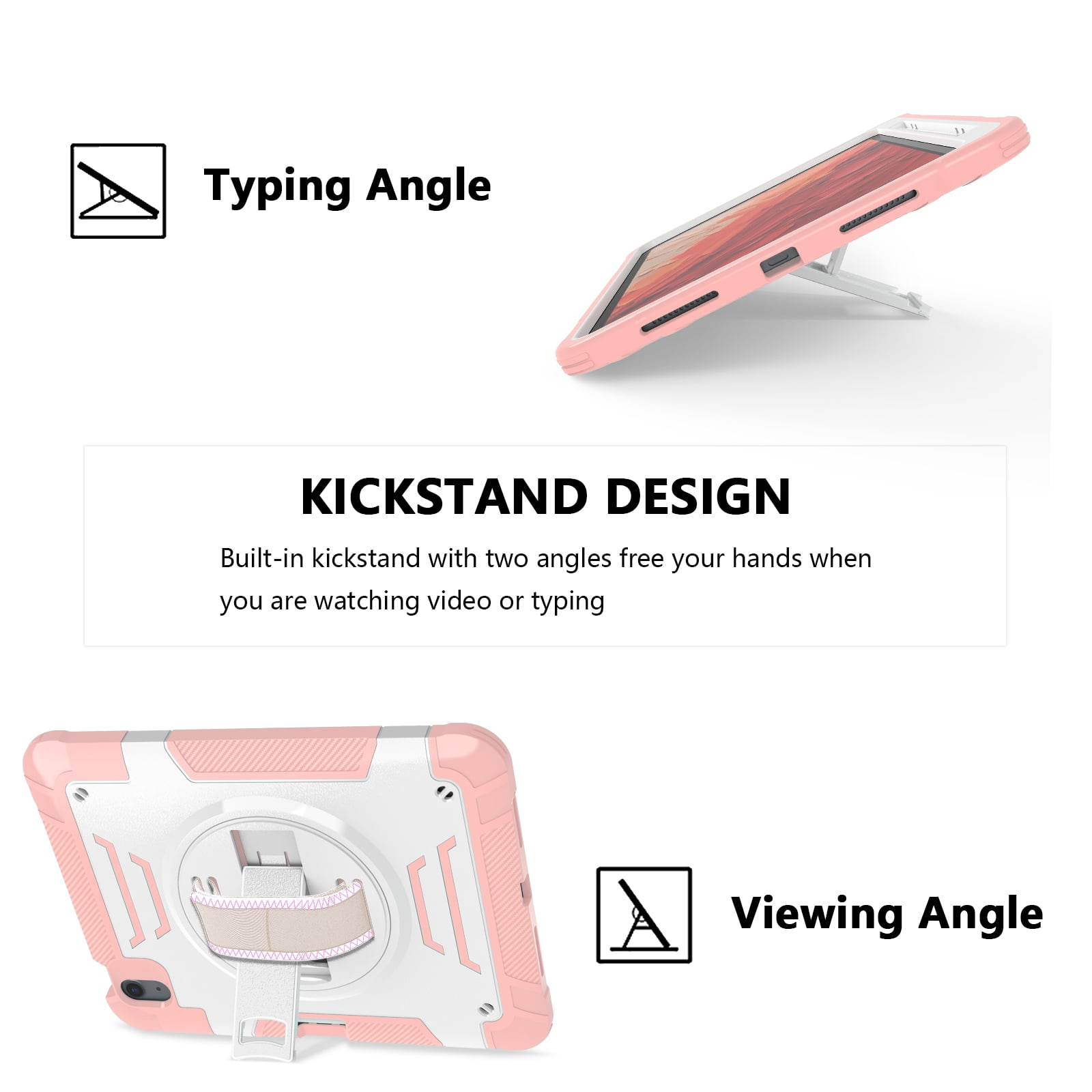 Casetego for iPad Air 6th/5th/4th Generation Case (10.9”, 2024/2022/2020),Shockproof Heavy Duty [360 Rotating Stand] [Hand Strap] [Pencil Holder] iPad Air 6/5/4 for Case Kids Girls Gifts,Pink