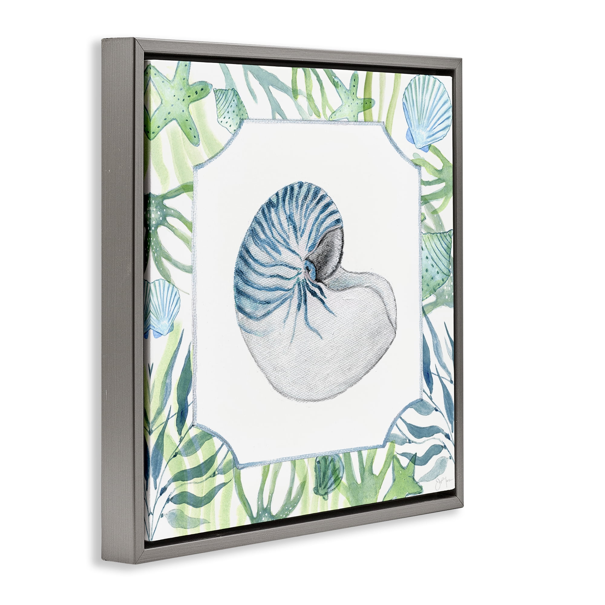Stupell Industries Seaweed & Seashells Aquatic Gray Framed Floater Canvas Wall Art, design by Janet Tava
