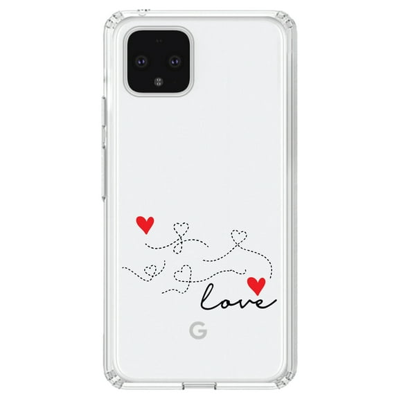 DistinctInk Clear Shockproof Hybrid Case for Google Pixel 4 (6.1" Screen) - TPU Bumper Acrylic Back Tempered Glass Screen Protector - Love Heart Flourish Black & Red