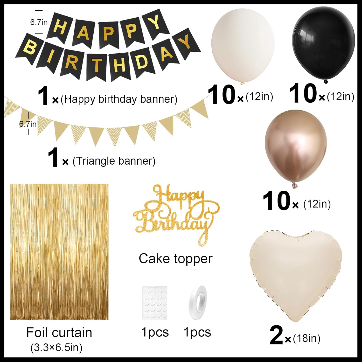 Black Gold Birthday Decorations,Party Decorations with Sand White Champagne Gold Balloon Heart Balloons Happy Birthday Banner Fringe Curtain for Women Men  Baby Shower Birthday Party Decor