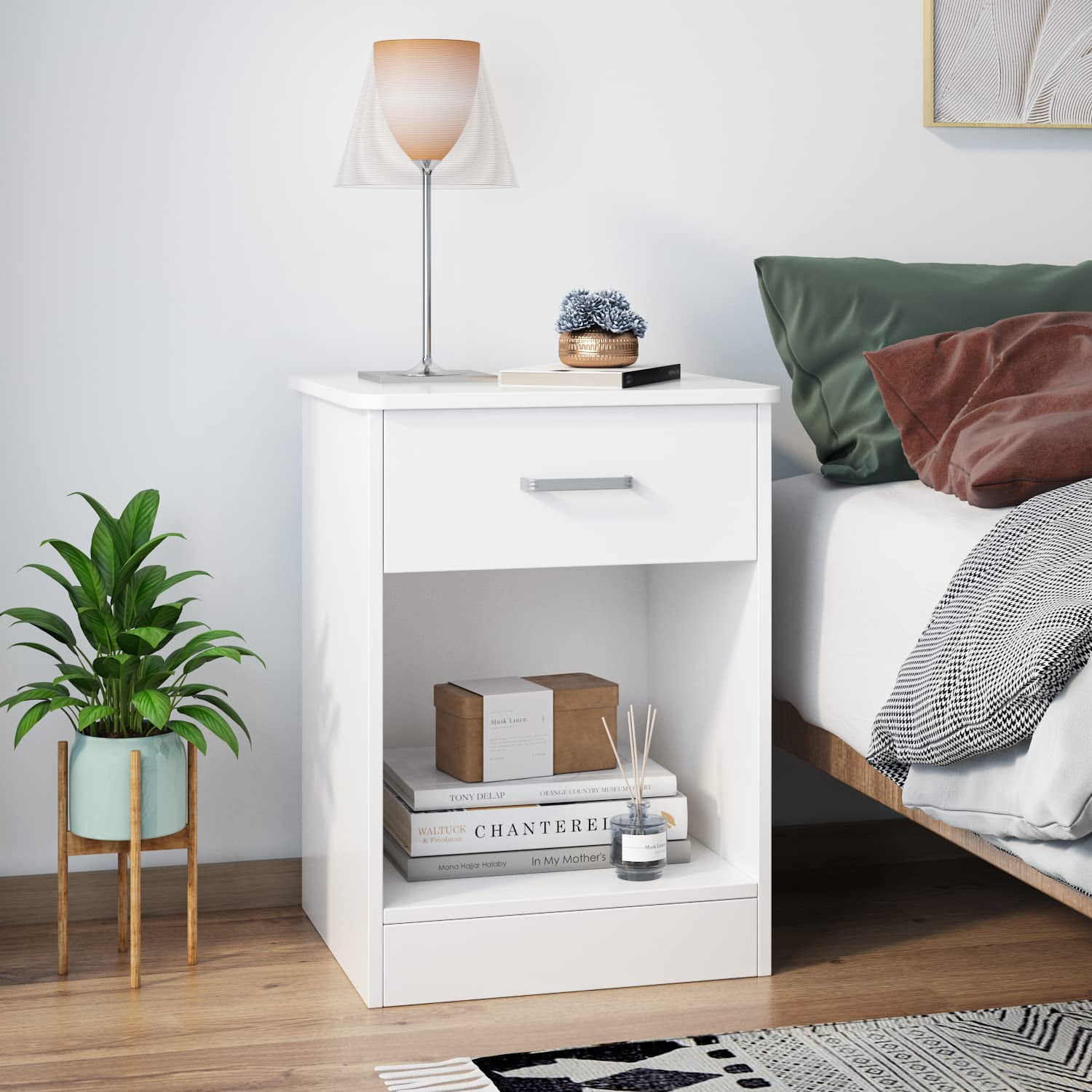 Homfa Nightstand with Drawer，2 Tier Beside Table End Table，Modern Night Stand for Bedroom Living Room, White