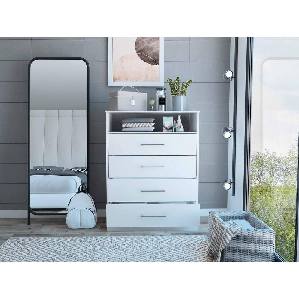 Modern White Four Drawer Dresser with Hutch