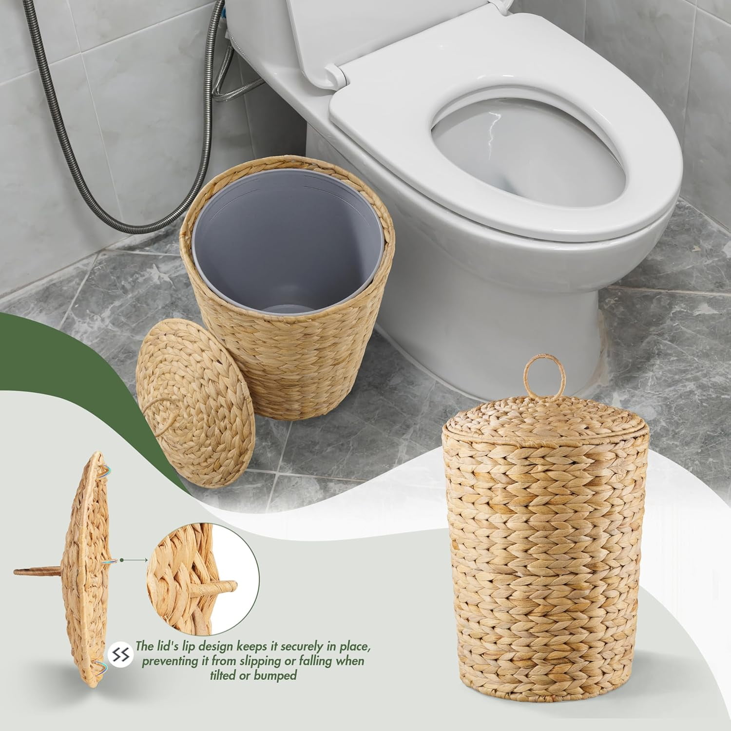 Wicker Trash Can with Lid and Removable Liner, Wicker Rattan Bathroom Trash Can, Large Woven Bin for Office, Hyacinth Waste Basket for Bedroom, Living Room, Kitchen