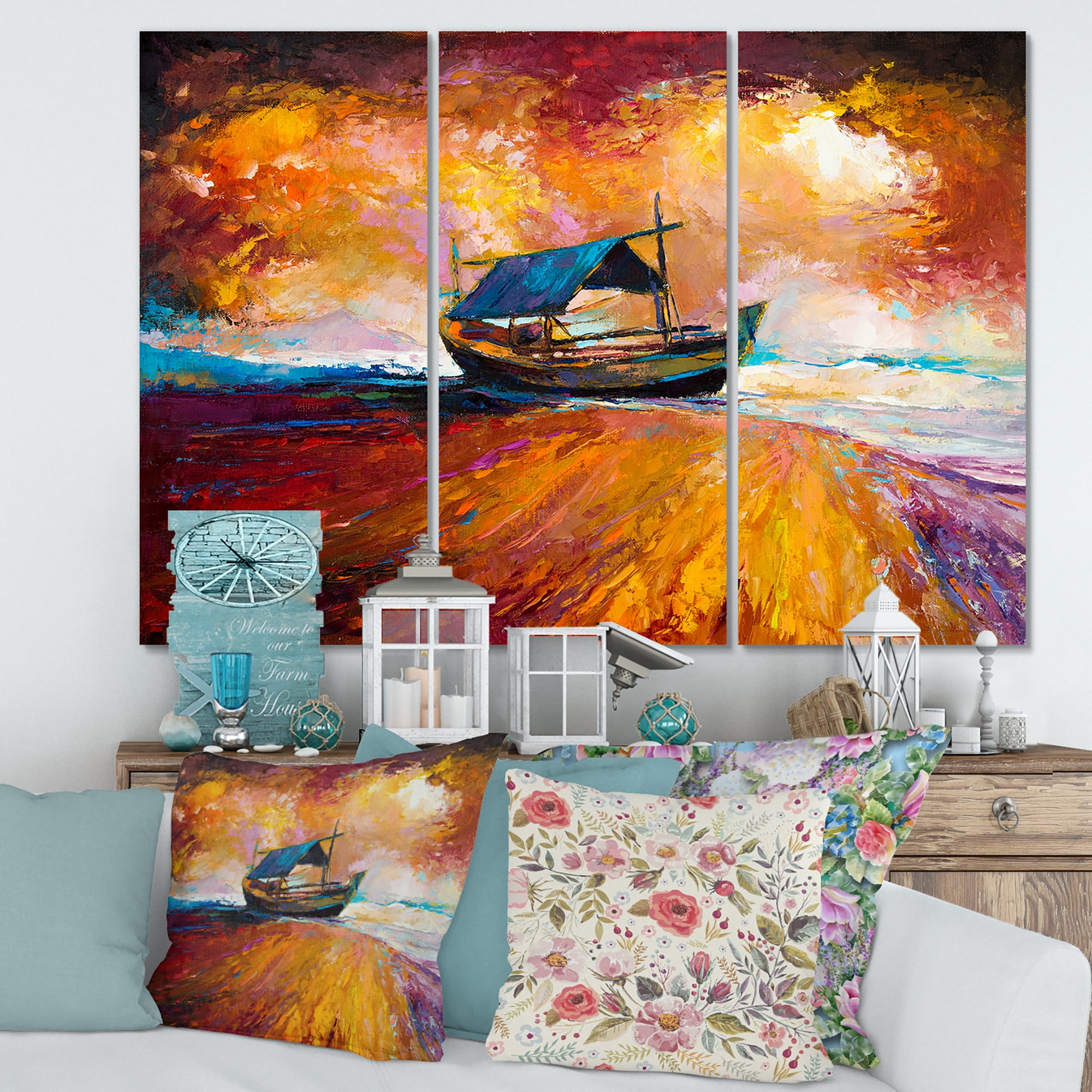 Designart ' Traditional Fisherboat During Ocean Evening Glow ' Nautical & Coastal Canvas Wall Art Print
