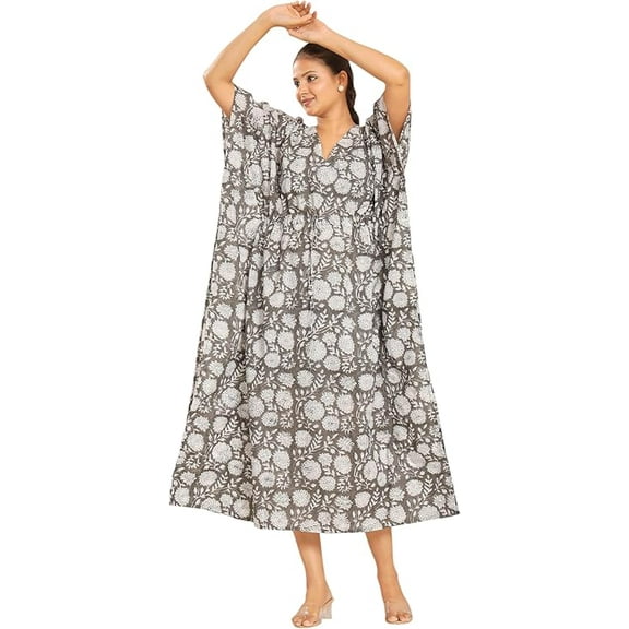 Women for Cotton Kaftan Maxi Dress Relaxed Fit, Ethnic Print, Full-Length Lounge Gown
