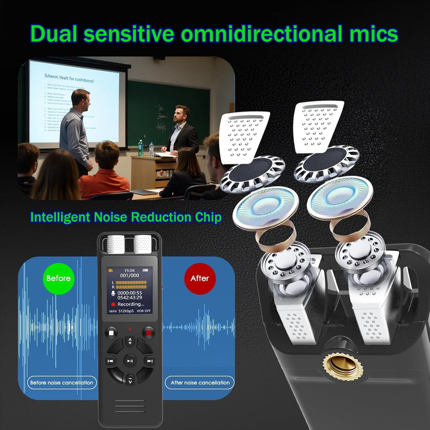 MUSICOZY 128GB Voice Activated Digital Recorder for Lectures and Meetings, Connected Phone via OTG, 9280 Hours Audio Recorder with Tripod Stand, Recording Device MP3 Player