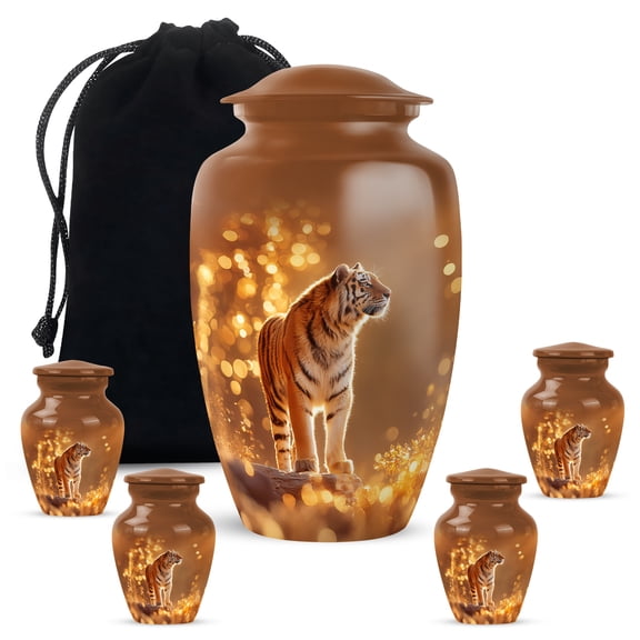 Tiger Urns For Human Ashes Adult Man, Decorative Urn For Ash Adult Male - Large 10 Inch, Orange Funeral Cremation Urn For Ashes For Women - 3 Inch Small Set Of 4