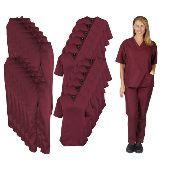 M&M SCRUBS Women Scrub Set V-Neck Medical Scrub Tops and Drawstring Pants - Pack of 12 Set (Burgundy, XX-Small)