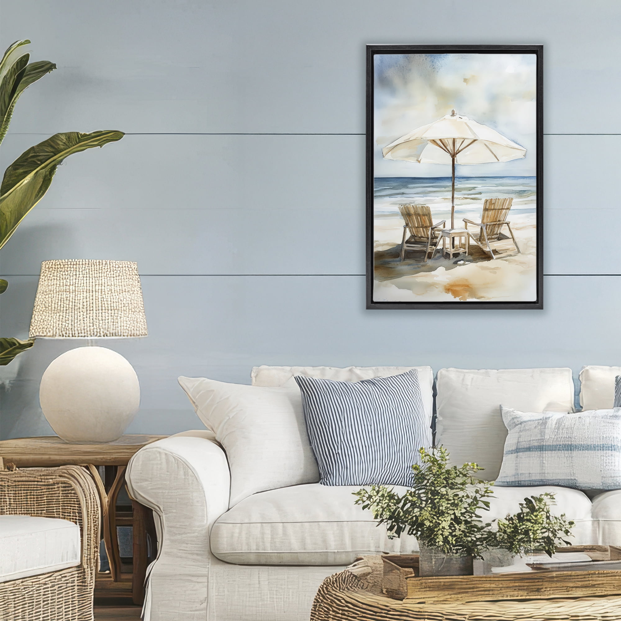 Stupell Industries Watercolor Paradise Beach Scene Black Framed Floater Canvas Wall Art, design by Petal Prints Design