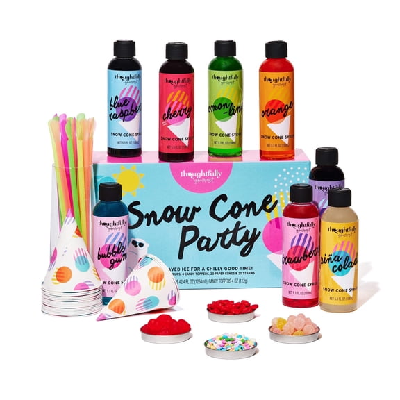 Thoughtfully Snow Cone Flavor Syrup Party Gift Set, Includes Ingredients for 20 Snow Cones, 8 Flavored Syrups, Toppings, and Paper Cups, Set of 20