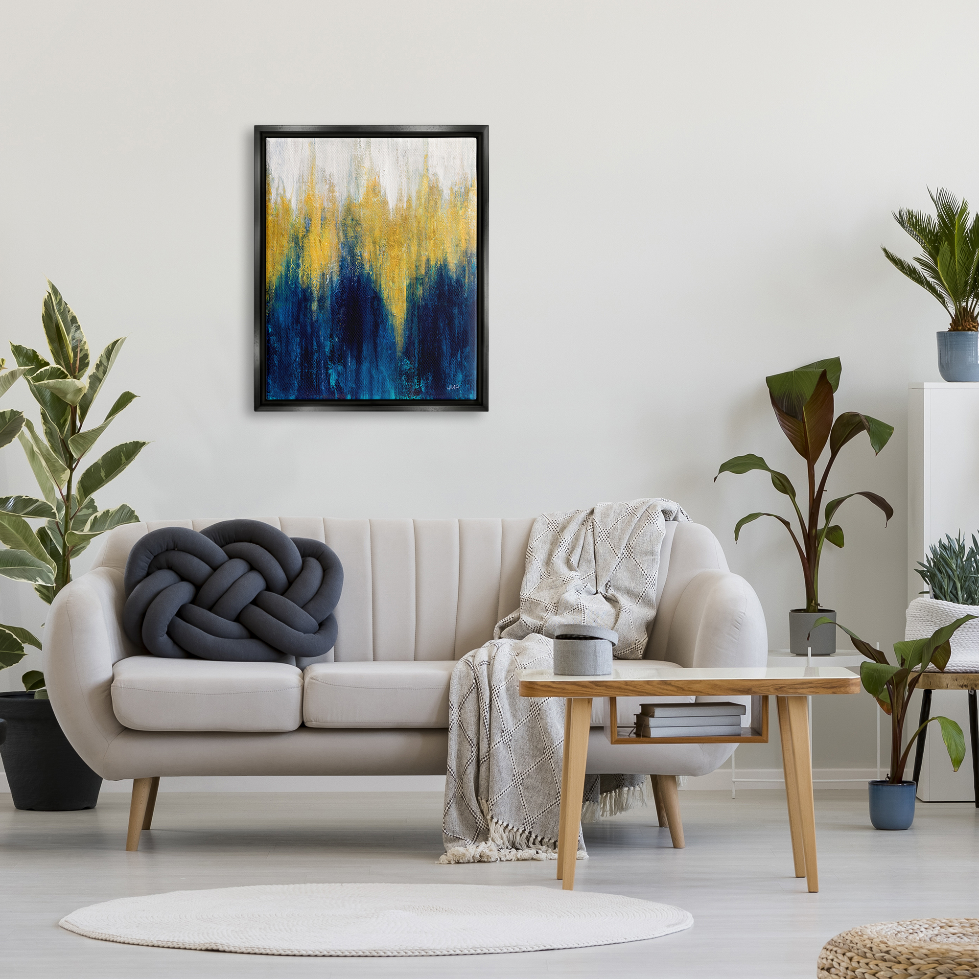 Stupell Industries Blue & Yellow Abstraction Abstract Painting Black Floater Framed Art Print Wall Art, 25 x 31