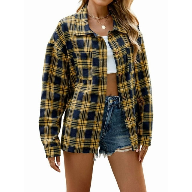 Womens Button Down Flannel Shirts Long Sleeve Plaid Shackets Business Casual Blouse Top Yellow S