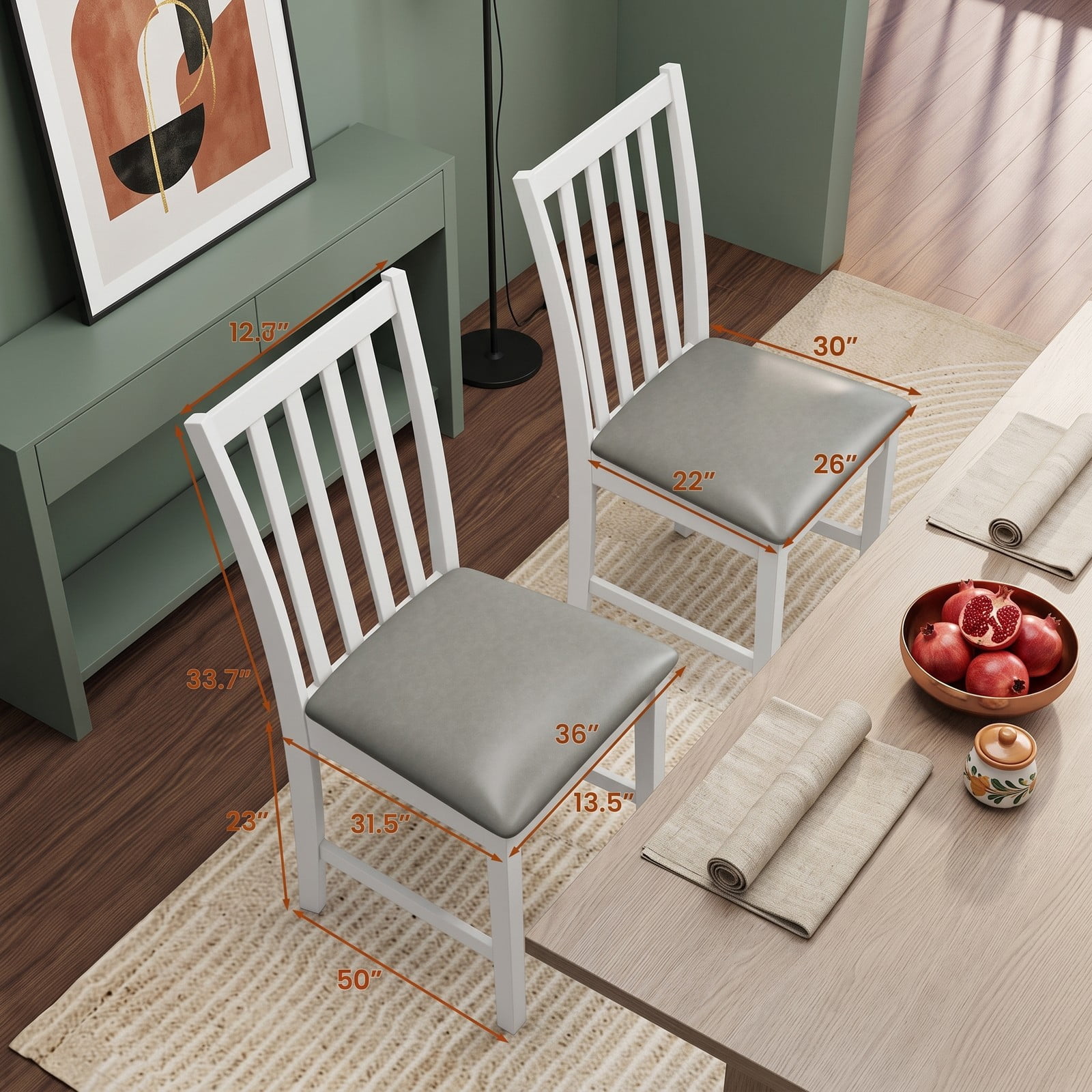 Furnibear Wooden Dining Chair Set of 2, Rubber Wood Kitchen Side Chairs with Padded PVC Leather Seat, Ergonomic Curved Back, Armless Accent Chairs for Dining, White