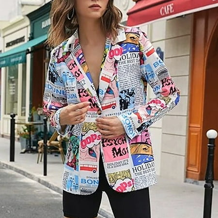 

Inkach Womens Casual Graffiti Print Single Button Small Cardigan Wthout Pocket Coatt