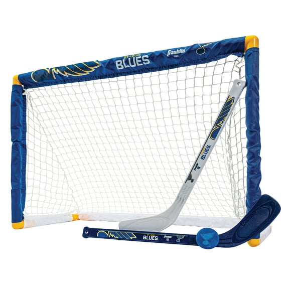Franklin Sports NHL St.Louis Blues Mini Hockey Set - Kids Indoor Knee Hockey Goal, Ball, 2 Mini Hockey Stick Combo Set - Youth NHL Team Indoor Toy Knee Hockey Sets - NHL Official - Ages 3