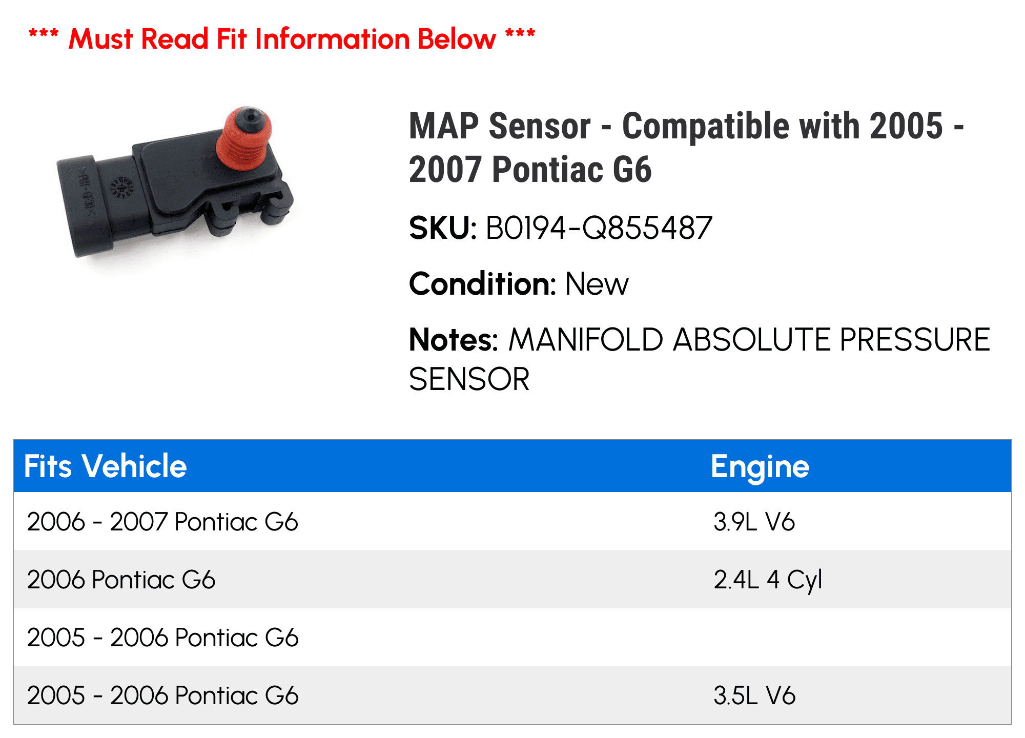 MAP Sensor - Compatible with 2005 - 2007 Pontiac G6 2006