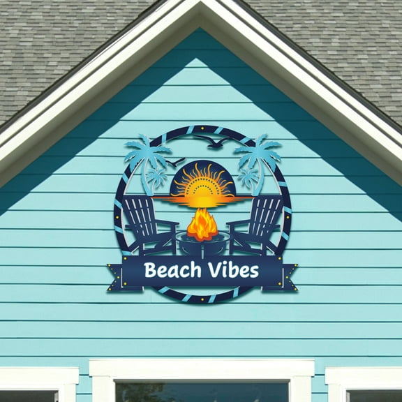 Outdoor Beach Vibes Sign - Beach House Decor with Palm Trees & Fire Pit, PVC Weatherproof Coastal Wall Art