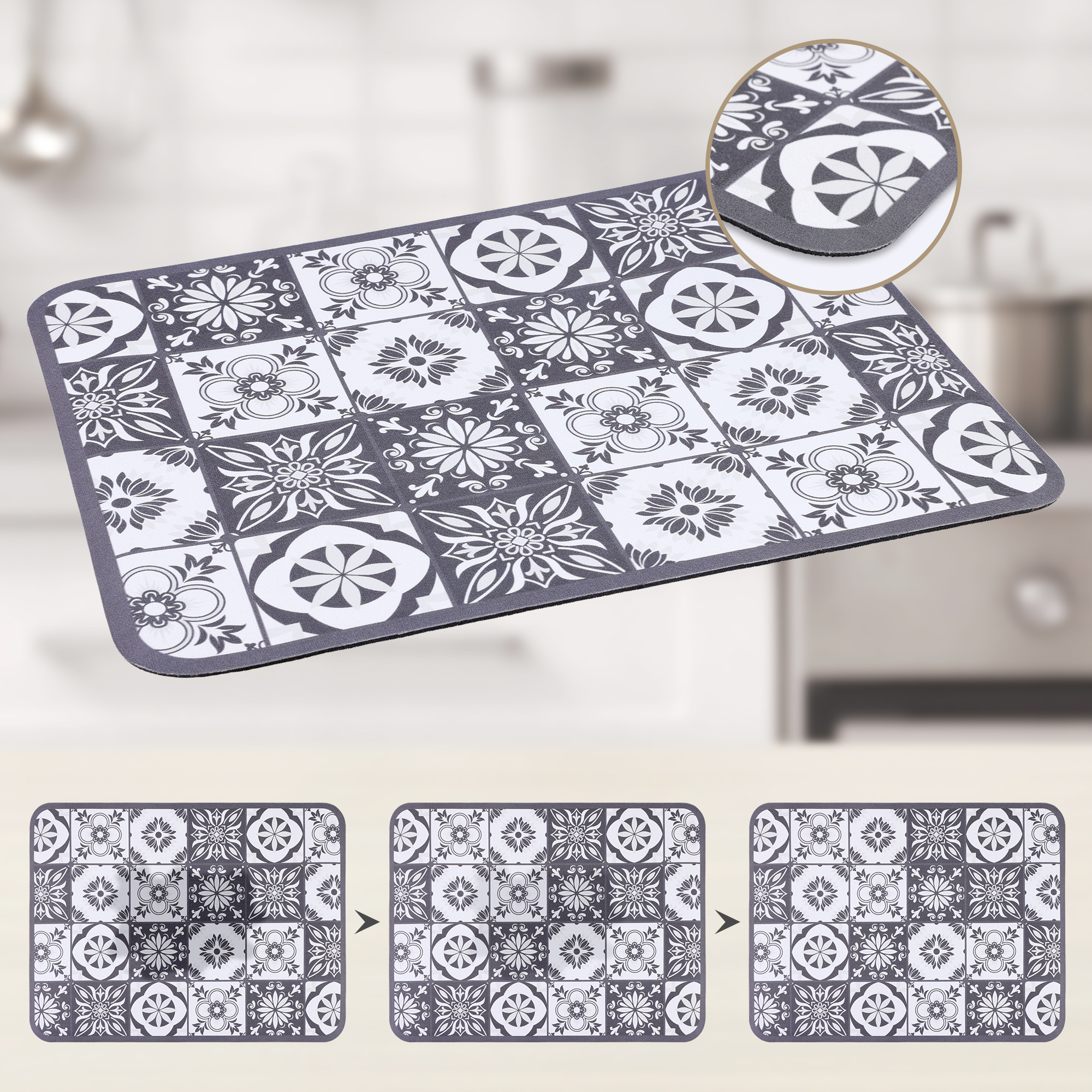 Unique Bargains Floral Design Dish Drying Mat for Dishes and Cups Grey 15.7*11.8 inch
