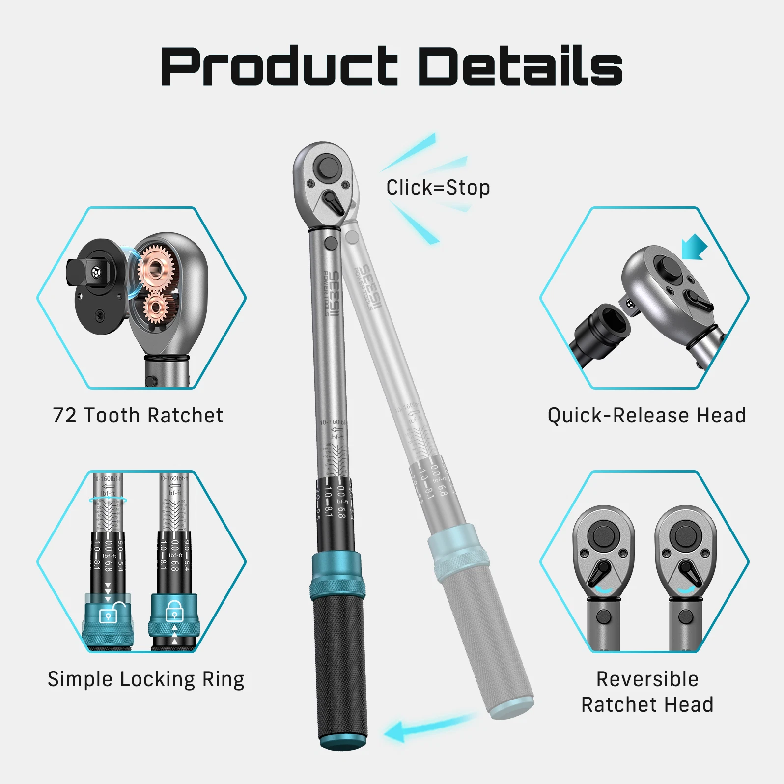 Seesii 1/4 3/8 1/2-inch Drive Click Torque Wrench Set - 8Pcs, 72-Tooth Dual Scale,Multi-functional Torque Wrench 45-221in.lb, 7-45ft.lb, 30-160ft. lb Ultra-Precise ±3% Accuracy,