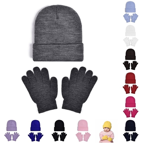 Krdevn Solid 2Pcs Kids Winter Knit Set Beanie Hat Lined Touch Screen Gloves Soft Warm Cold Weather Kit for Toddler Boys Girls