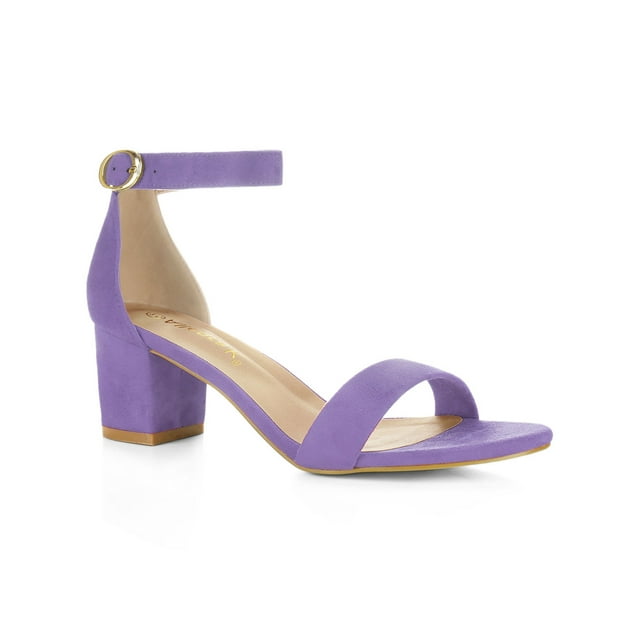BLISSFUL STEP Women's Shoes Open Toe Mid Block Heel Ankle Strap Faux Suede Sandals Purple 5