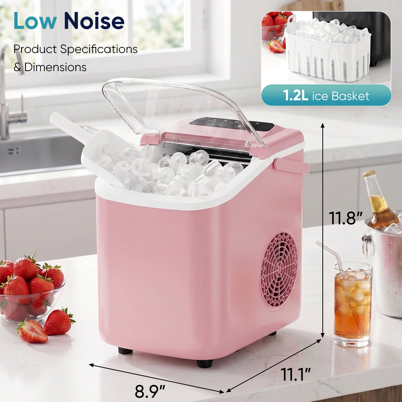Portable Countertop Ice Maker with Handle, Self-Cleaning Bullet Ice Maker, 9 Ice Cubes Ready in 6 Minutes, 26lbs/24H, Eco-Friendly with Ice Scoop & Basket for Home, Office, Bar, Party, RV (Pink)