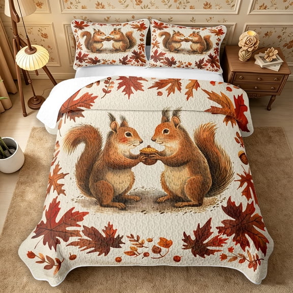 Erosebridal Cut Squirrel Twin Quilt Set 2 Pieces,Fall Leaves Twin Coverlet Set,Cream,1 Bedspread and 1 Pillowcase