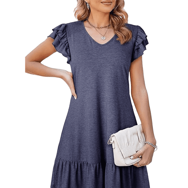Vestidos de Verano para Mujer, con Volantes, Corta, Fruncido, Cuello en V, Informal, Holgado, Corte A, Minivestido Veraniego, Azul XL