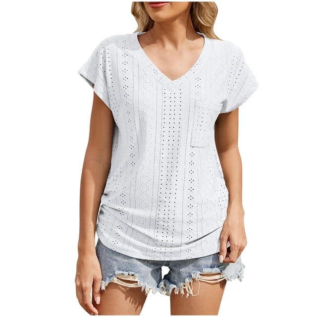 Blusa de Manga Corta, Color Sólido Casual, Camiseta de Bolsillo con Cuello en V para las Mujeres