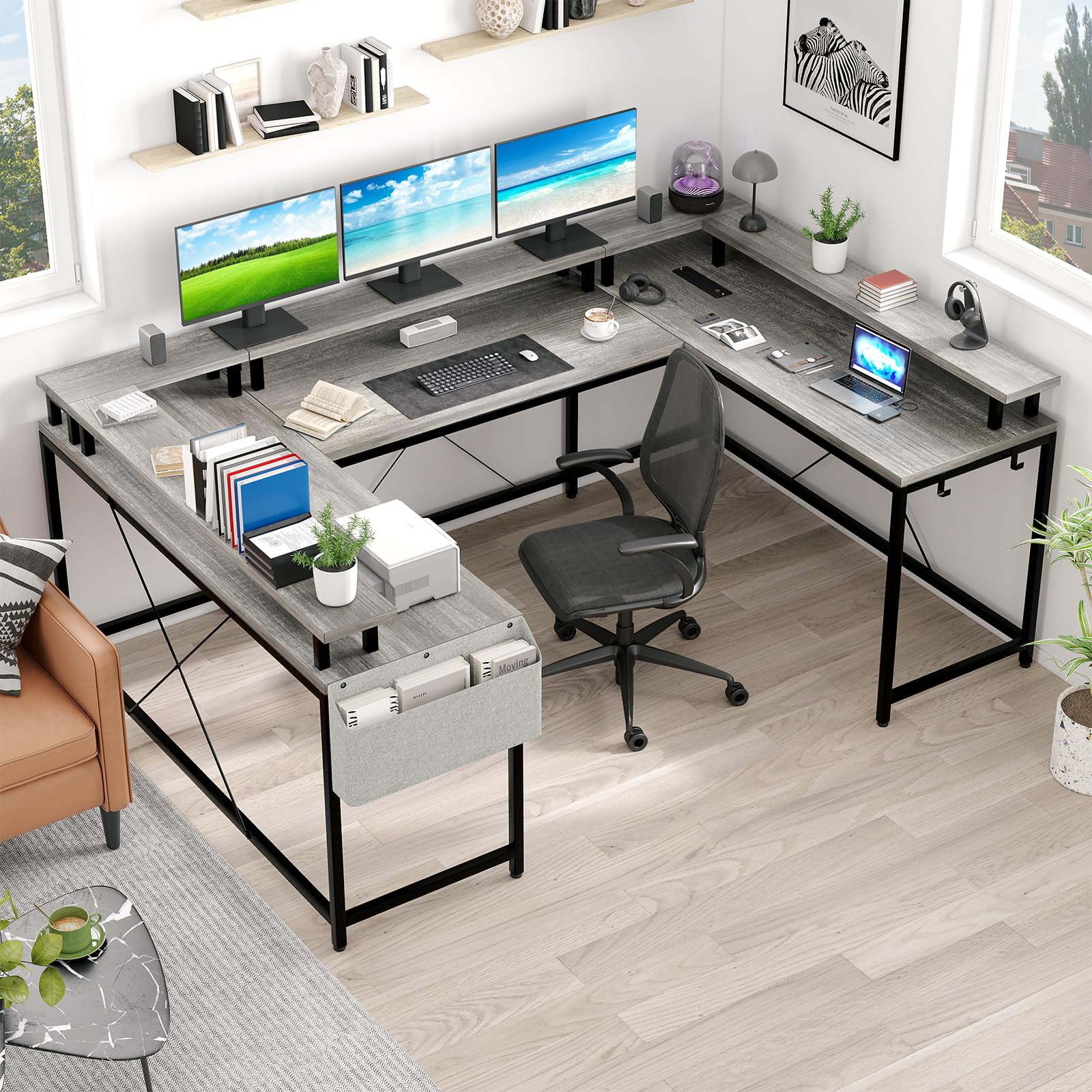 Litake U Shaped Computer Gaming Desk, Reversible L Shaped Desk with Power Outlets, LED Strip & Monitor Stand, Large Corner Desk with Storage Shelves for Home Office, Grey