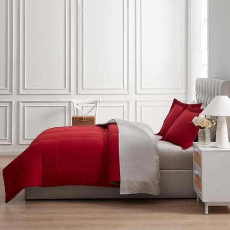 MAINSTAYS ALL IN ONE REVERSIBLE COMFORTER AND SHEET SET- 7 PIECE, FULL, RED