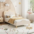 thumbnail image 1 of Twin Size Upholstered LED Bed Frame with Adjustable Headboard and Footboard, Velvet Princess Platform Bedframe for Kids/Girls, Wooden Slats Support, No Box Spring Needed, Easy Assembly, Beige, 1 of 9