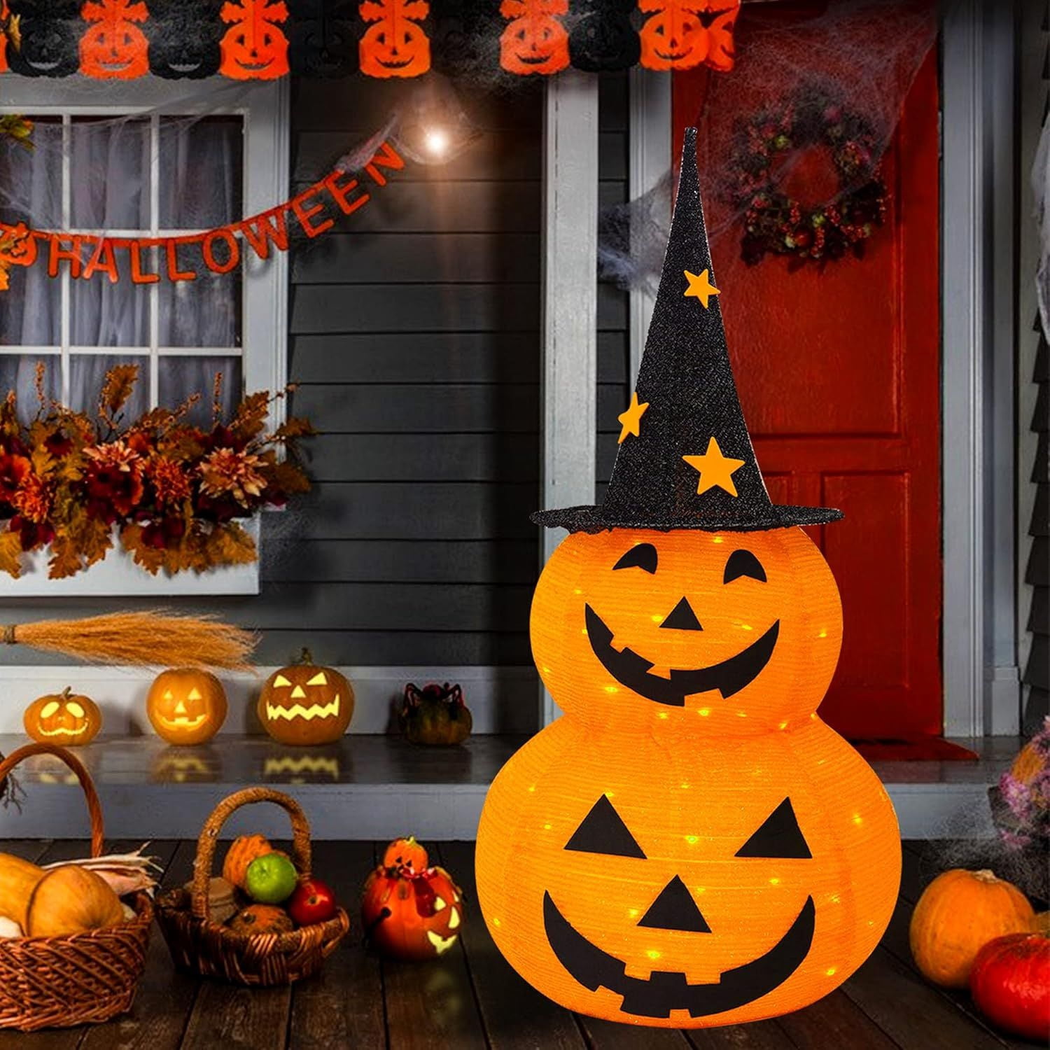 3 FT Collapsible Pumpkin Man with 50 LED Lights for Halloween Decor