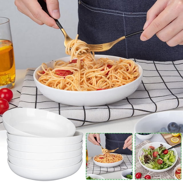 Platos de pasta Juego de platos de sopa de porcelana de 8 pulgadas | Ensaladeras blancas con crema | Duradero y resistente a las caídas | Horno Microondas Congelador Apto para lavavajillas | Ideal