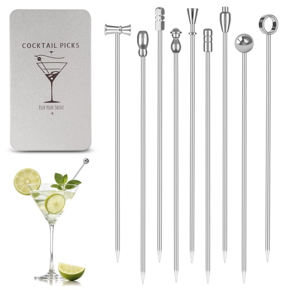 Metal Cocktail Picks, Martini Skewers for Olive 4.2 inch, Stainless Steel Drinks Garnish Sticks, Reusable Toothpicks for Appetizers, Home Bar Supplies Accessories Gift for Bartender - 9 Pcs
